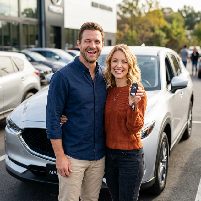 Casal feliz com a chave do seu novo carro após o serviço de Car Hunter